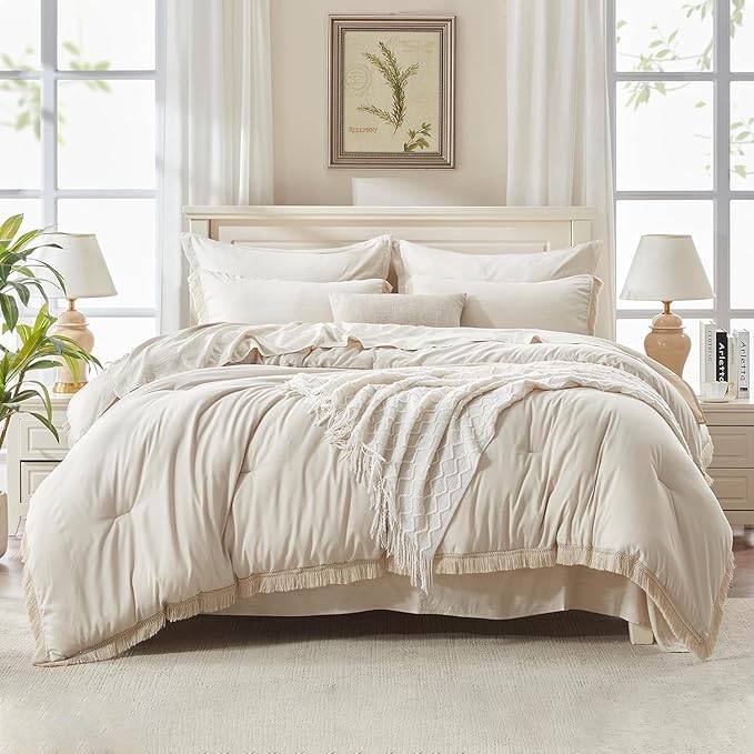 Andency Beige California King Size Comforter Set with Sheets - 7 Pieces Boho Tassel Bed in a Bag Soft Lightweight Bedding Sets, Fringe Bed Set with Comforter, Sheets, Pillowcases & Shams
