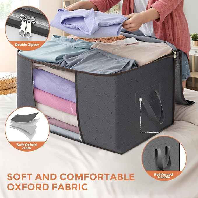 90 L Large Storage Bags, 6 Pack Clothes Storage Bins Foldable Closet Organizers Storage Containers with Reinforced Handle for Clothing, Blanket, Comforters, Bed Sheets, Pillows and Toys (Gray)