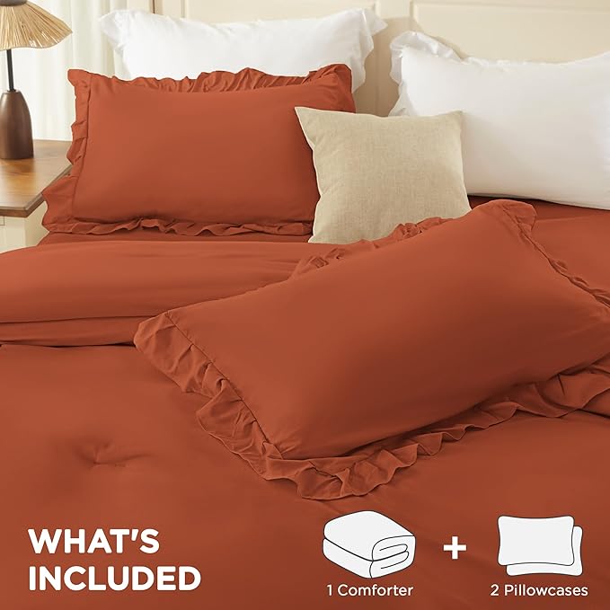 Andency Terracotta Twin Size Comforter Set, 2 Pieces Lightweight Fluffy Ruffle Bedding Set for Dorm, All Season Soft Farmhouse Shabby Chic Bed Set for Kids (66x90In), Burnt Orange
