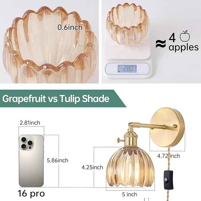 Plug in Wall Sconce, Amber Tulip Glass Lampshade Wall Light Plugin Corded for Bedside Bedroom Doorway, 2 Pack