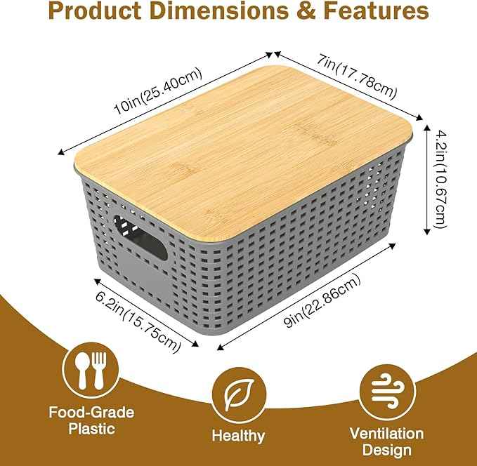 Stackable Storage Basket: Plastic Baskets Bins, Baskets for Organizing, Pantry Decorative Containers for Closets, Cabinets, Shelves(8 Pack, Grey)