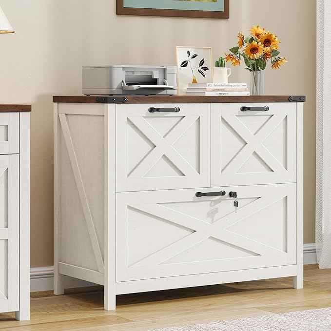 Vabches Lateral File Cabinet with 3 Drawers, Farmhouse File Cabinet with Lock for Letter/A4/Legal Size Hanging Files, Wood File Storage Cabinets Printer Stand for Home Office Cabinets, Rustic White