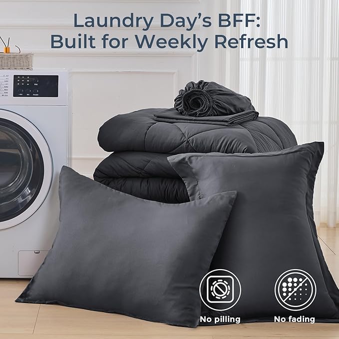 HEVUMYI Twin Comforter Set - 5-Piece All Season Bed in a Bag Twin, Ultra Soft Bedding Set with Comforter, Flat Sheet, Fitted Sheet, Pillowcases, Pillow Shams, Dark Grey