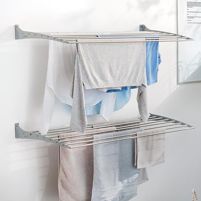 foxydry Fold, Wall Drying Rack, Vertical Drying Rack for Indoor and Outdoor Aluminium and Steel (Grey - Closing Up, 2X Fold 60)