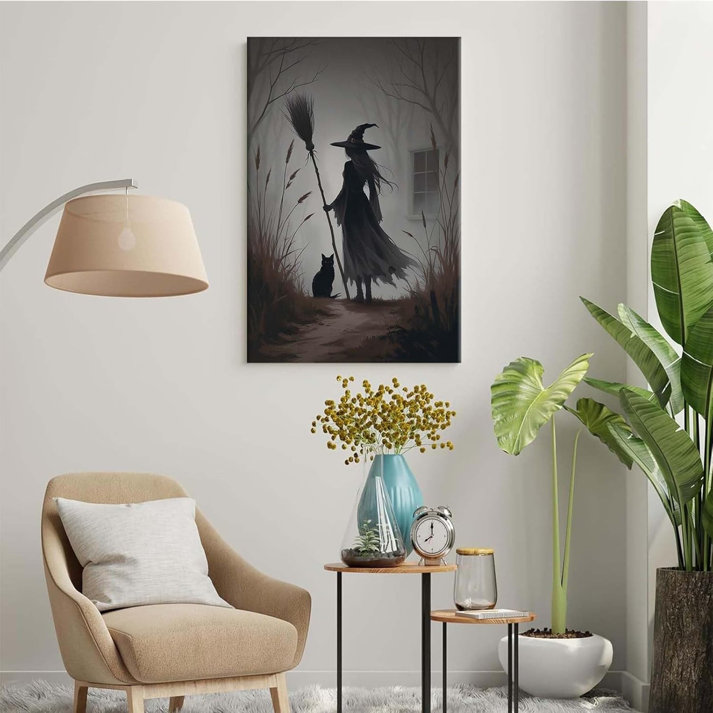 Vintage forest witch and black cat poster Halloween mural poster decoration mural art magic suitable for home living room bedroom28x40in Wood Framed