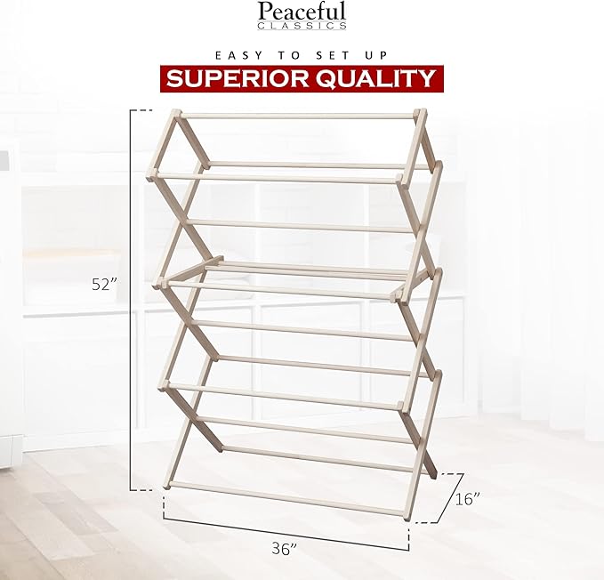 Peaceful Classics Wooden Laundry Rack - Amish Handmade Wooden Clothes Drying Rack - Foldable Drying Rack for Towel, Blanket, Linen Household Essentials - for Indoor Or Outdoor Use (52" x 36" x 16")