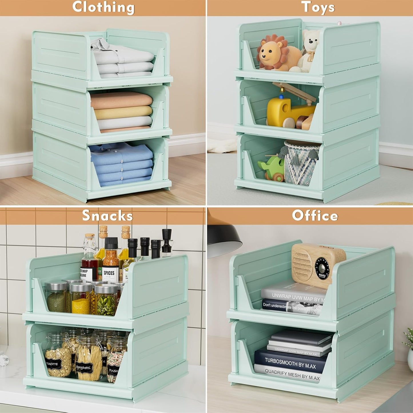 6 Pack Stackable Closet Storage Basket - Stackable Storage Bins, Multifunctional & Foldable Closet Organizer, Wardrobe Cupboard Space-Saving Hat Storage Drawer Organizer, Green