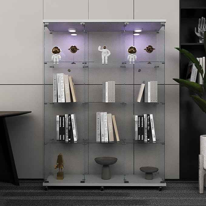 Beauty4U Glass Display Cabinet with LED Lights, Extra Large 3 Columns 2 Doors Curio Cabinets with 12 Shelves for Living Room, Bedroom, Office, White Floor Standing DIY Glass Bookshelf