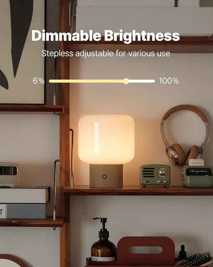 Halo Mushroom Lamp, 5W Cute Cordless Rechargeable Table Lamp with Glass Shade, 3 Color Temps LED Dimmable Ambient Lighting, Small Retro Touch Bedside Light for Bedroom Decor, Mustard Yellow