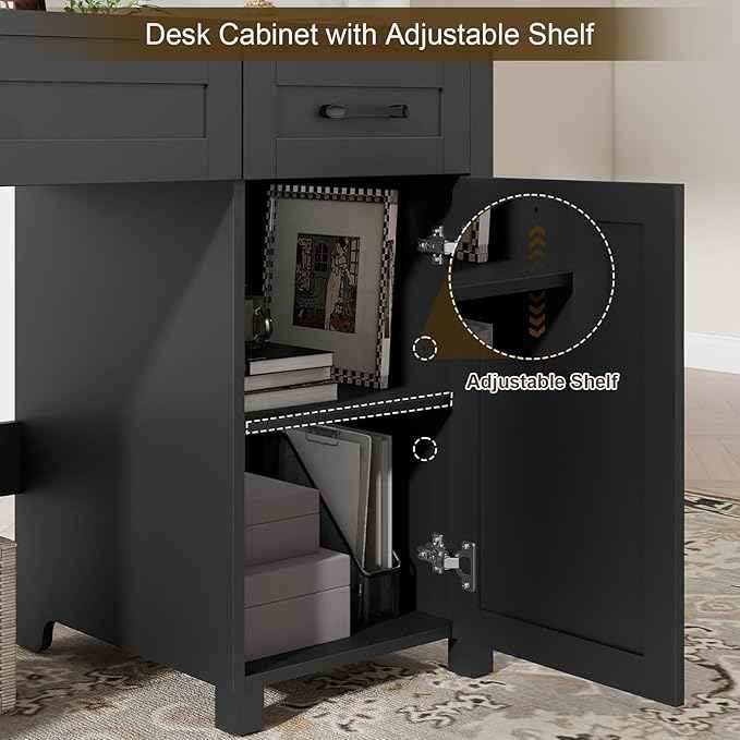 Vabches Farmhouse 47" Executive Desk, Computer Desk with Drawers and Storage Cabinet, Workstation Computer Desk for Home Office, Study.(Pure Black)