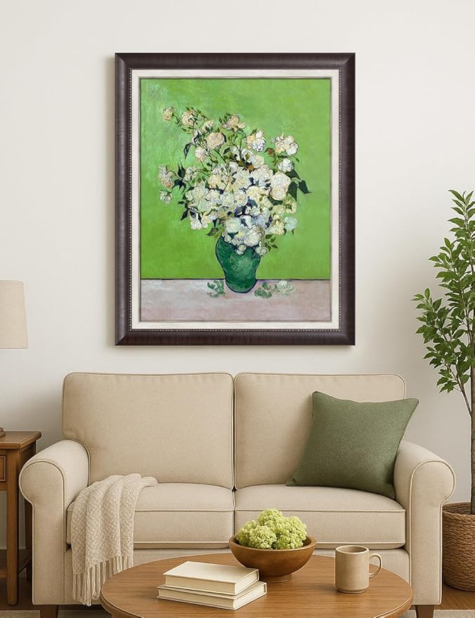 DECORARTS - Vincent Van Gogh Roses (Pink Roses in a Vase) Large Framed Wall Art, Giclee Canvas Print, Classic Framed Artwork Ready to Hang 28x34, Made in USA