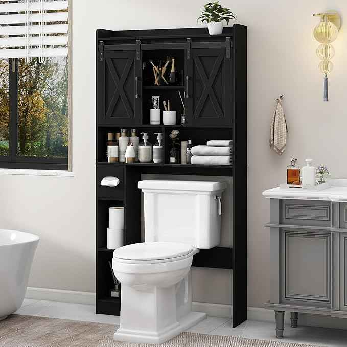 Vabches Over The Toilet Storage Cabinet, Farmhouse Storage Cabinet Over Toilet with Sliding Doors & Toilet Paper Holder Stand，Home Space-Saving Toilet Rack, for Bathroom, Laundry and Restroom.Black