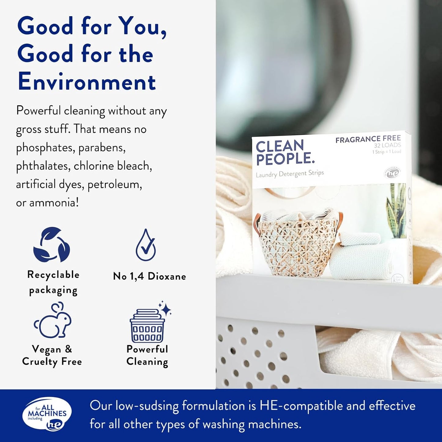 Clean People Laundry Detergent Sheets- Recyclable Packaging, Hypoallergenic, Stain Fighting, Works with All Machines including HE (128 Count, Variety Pack)