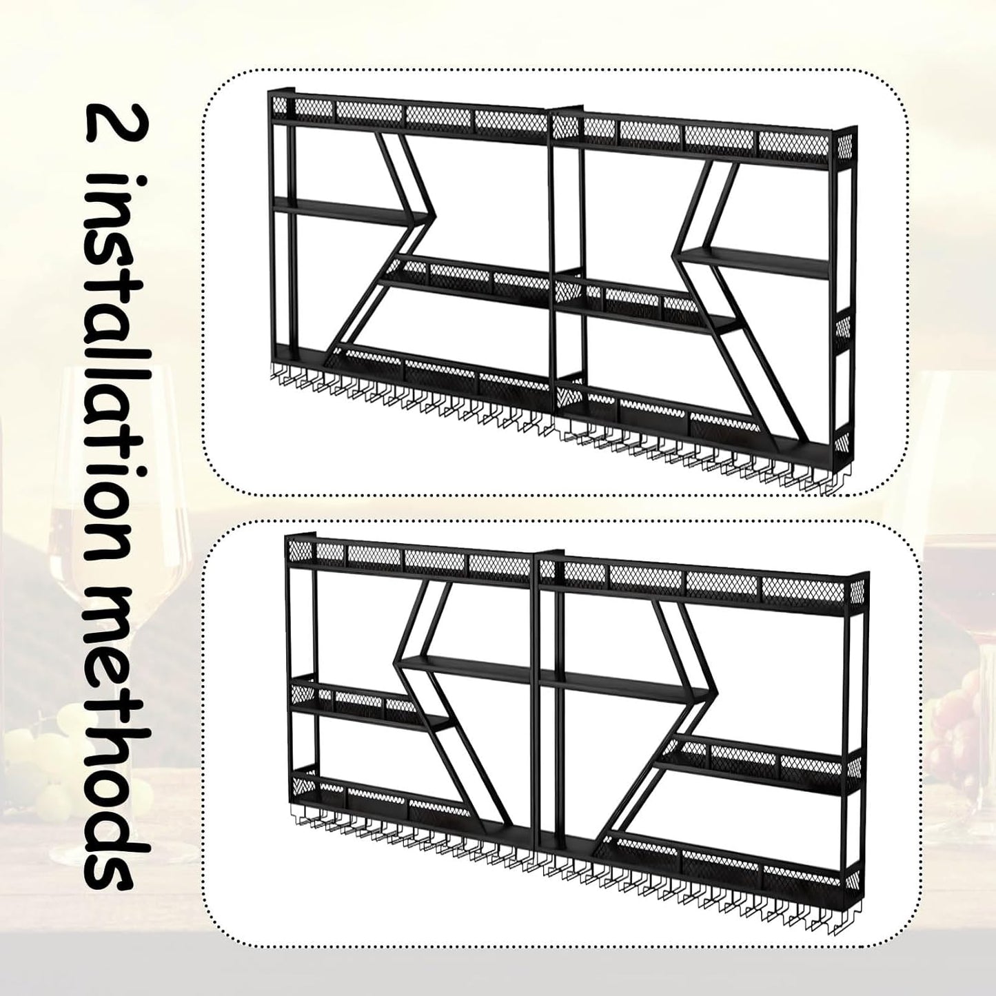 Wall Mounted Wine Rack with Glass Holder, 3-Tier Metal Storage Shelf, Black Diamond Design, Wine Bottle Display with Stemware Storage (Black, 63in/160cm)