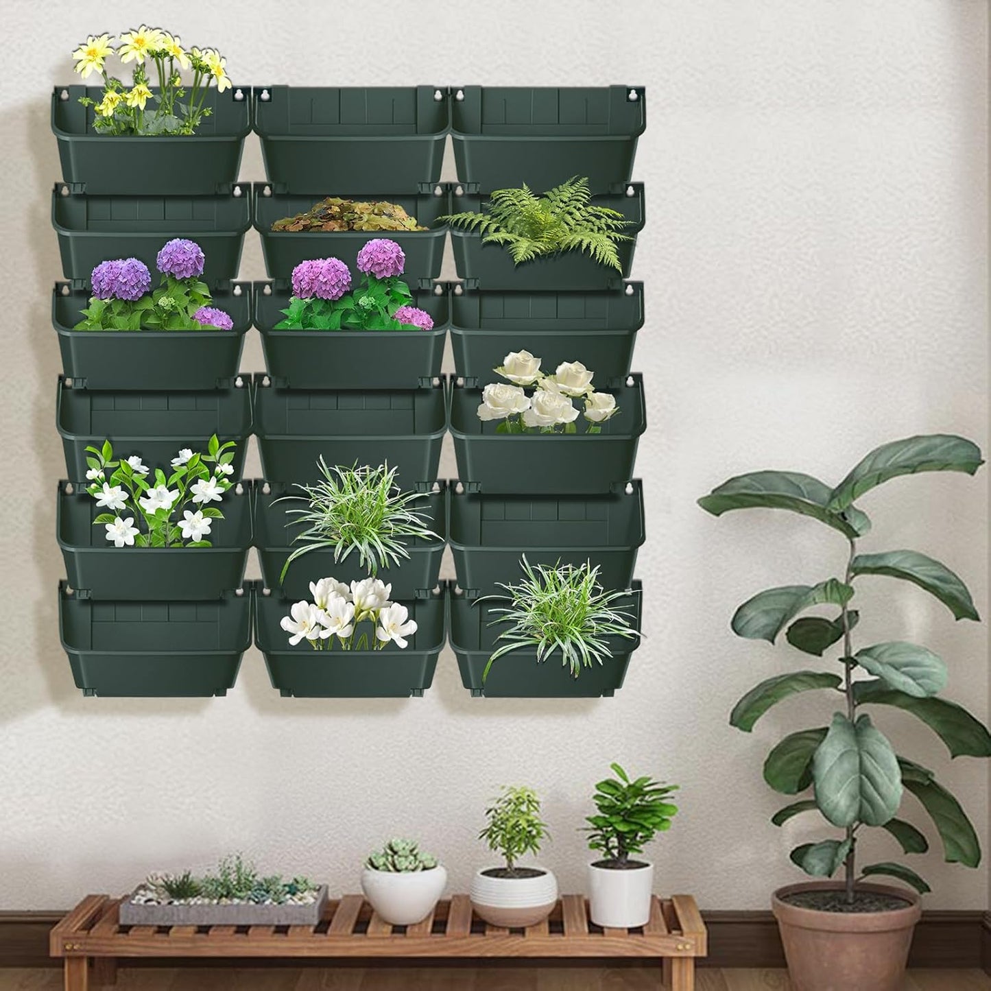 18Pcs Vertical Wall Planter, 13 inch Wall Mounted Garden Planters, Plastic Wall Hanging Planter with Drainage Holes, Wall Planters for Patio Outdoor Decor, Balcony Plant Hanging Flowerpot (Green)