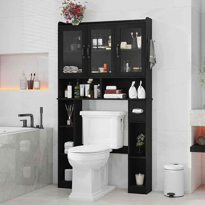 Vabches Over The Toilet Storage Cabinet,Farmhouse Bathroom Organizer with Glass Doors and Adjustable Shelf,Home Space-Saving Toilet Rack,for Restroom,Bathroom, Laundry
