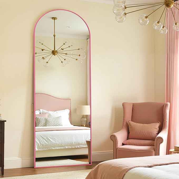 Anpark 28"x71"Arched Full Length Mirror, Full Body Mirror with Stand, Aluminum Frame for Bedroom & Hanging Leaning Modern Simple Home Decor Shatter-proorf Nano Glass Wall Living Room Cloakroom, Pink