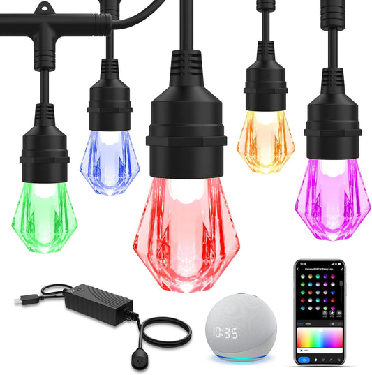 XMCOSY+ Smart Outdoor String Lights - 64ft RGBCWIC Patio Lights with 24 Color Changing Bulbs, LED String Light for Outside Backyard Bistro Party, APP WiFi Control, Work with Alexa, IP65 Waterproof