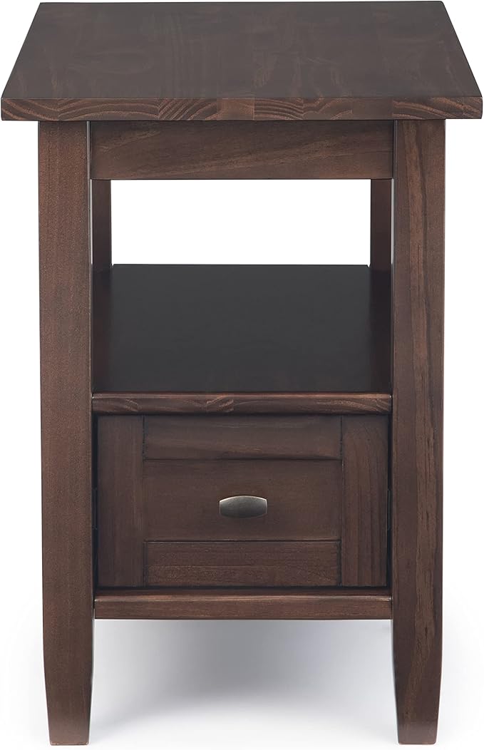 SIMPLIHOME Warm Shaker End Table - 14 inch Wide Solid Wood Narrow Side Table in Tobacco Brown, Transitional Accent Table for Living Room or Bedroom with Drawer, Open Shelf and Square Tapered Legs