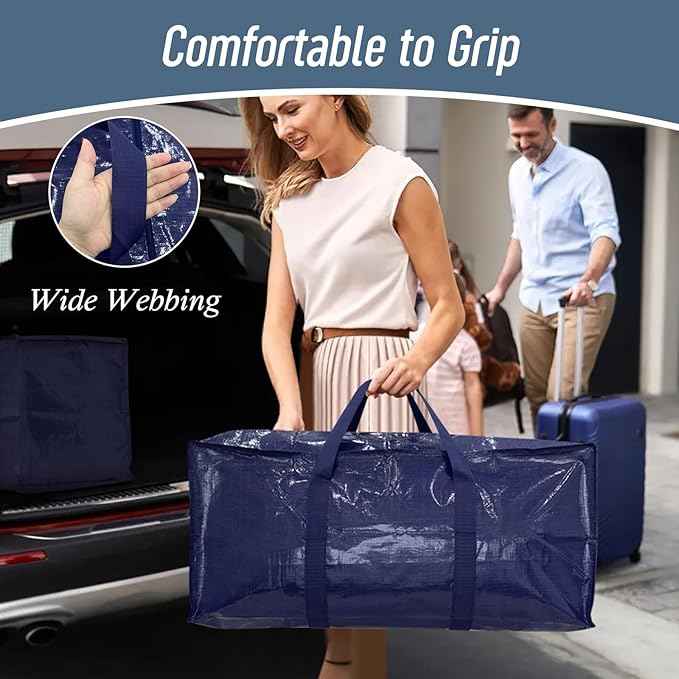 12 Pack Extra Heavy Duty Large Moving Bags with Strong Zipper & Comfortable Handles, Sturdy & Durable Clothes Storage Bags Totes Bins, Packing Moving Boxes for College Supplies, Dark Blue