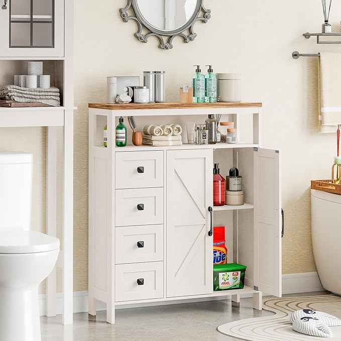 Vabches Farmhouse Storage Cabinet with 2 Doors and 4 Drawers, Freestanding Bathroom Storage Cabinets, Kitchen Pantry Cabinet, Floor Hutch Cupboard for Kitchen/Living Room/Bathroom(Unique White).