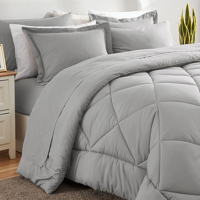 CozyLux Oversized King Comforter Set Light Grey, 7 Pieces Bed in a Bag Comforter Set with Sheets, All Season Bedding Set with Down Alternative Comforter, Sheets, Pillowcases & Shams