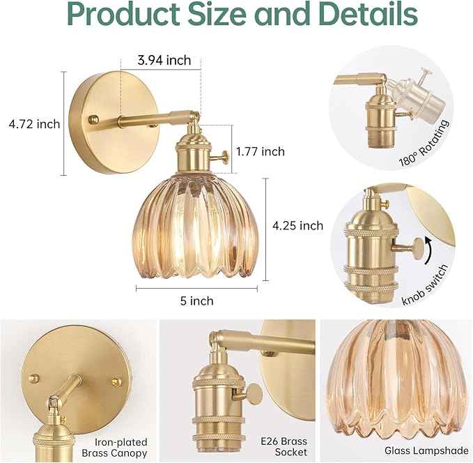 Vintage Wall Sconces Set of 2 with Amber Tulip Glass Lampshade 180 Degree Adjustable Brass Sconces Hradwired Modern Wall Lighting Fixture with Switch for Bedside Bedroom Doorway