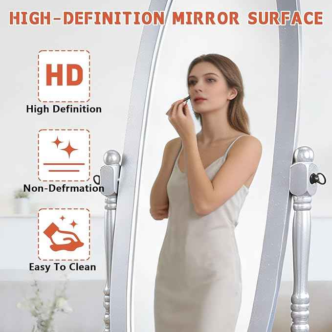 Full Length Mirror with Stand, Swivel Adjustable Oval Wood Cheval Floor Mirror, Dressing Cheval Mirror for Bedroom Livingroom, Interior Gift Idea (Silver)