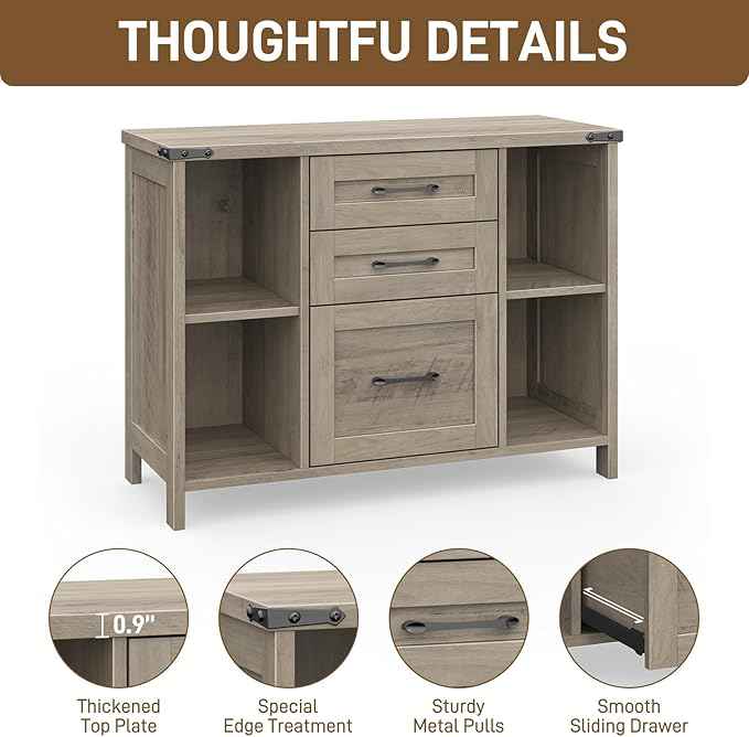 Vabches File Cabinet with 3 Drawers, Farmhouse Lateral File Cabinet Fits Files Letter/A4 Size, Wooden Filing Cabinet with Adjustable Shelves Printer Stand for Home Office, Grey