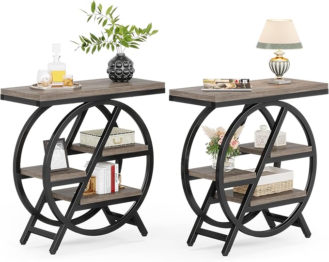 LITTLE TREE End Table, Narrow Side Table with 4-Tier Large Storage Space, Modern Bedside Table for Living Room, Home Office, Bedroom, Set of 2, Grey