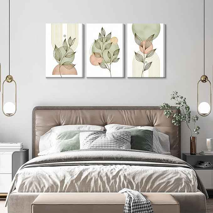 3Pcs Framed Sage Green Boho Canvas Wall Art Modern PinkBotanical Posters Print Abstract With Leafr Pictures Wall Decoration For Living Room Bedroom Bathroom