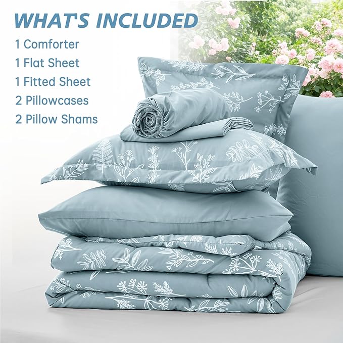 MUXHOMO Mineral Blue Bed in a Bag King 7 Pieces, King Comforter Set Reversible Botanical Flowers Design, Ultra Soft & Breathable Bedding Sets with Comforter, Sheets, Pillowcases & Shams