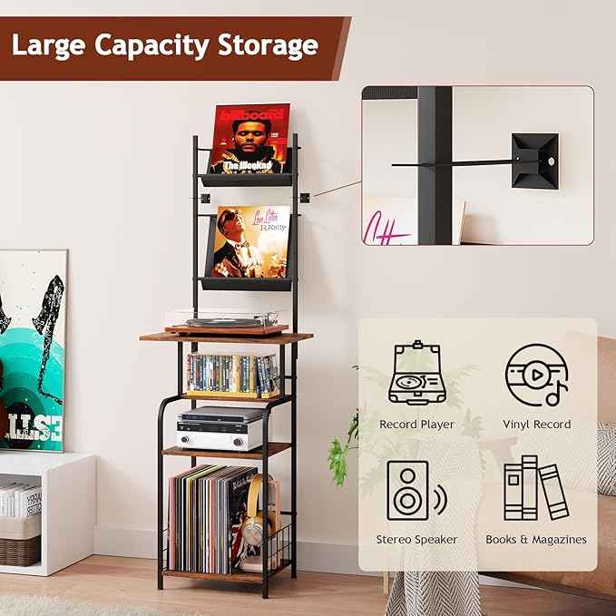 Record Player Stand with Vinyl Storage - 6-Tier Turntable Table with Adjustable Feet, Metal & Wood Cabinet - Console Organizer Display Shelf for Living Room, Apartment