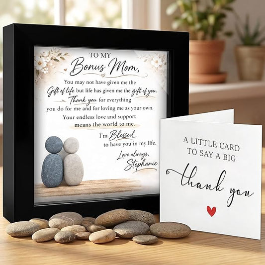 Personalized 2nd Mom Gift Pebble Art Frame, Custom To My Bonus Mom Wooden Family Plaque, Stepmom Mother’s Day & Birthday Gifts for Mother, Women, Family Name Sign Home Decor Keepsake