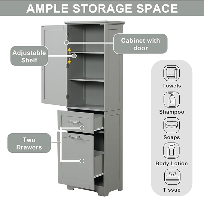 Bathroom Cabinet with Drawers and Doors, Tall Storage Display Organizer, Kitchen Pantry, Grey