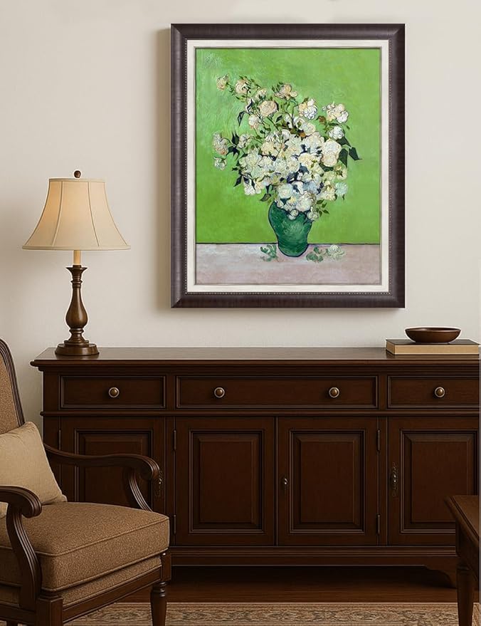 DECORARTS - Vincent Van Gogh Roses (Pink Roses in a Vase) Large Framed Wall Art, Giclee Canvas Print, Classic Framed Artwork Ready to Hang 28x34, Made in USA