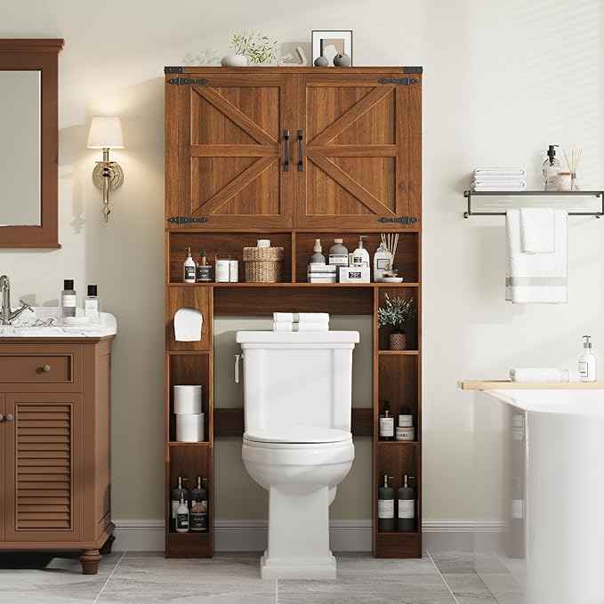 Vabches Over The Toilet Storage Cabinet, Farmhouse Storage Cabinet Over Toilet with 2 Barn Doors ，Toilet Paper Holder Stand，Home Space-Saving Toilet Rack, for Laundry, Restroom, Bathroom.Caramel.