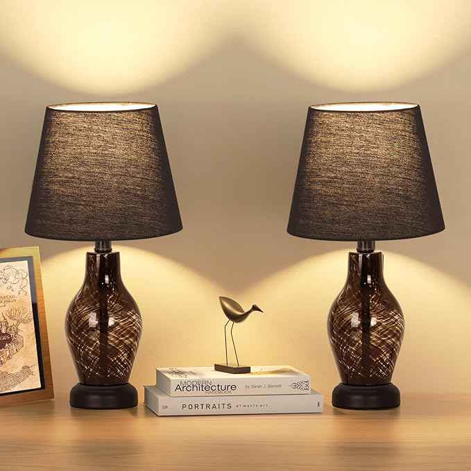 ONEWISH Small Bedside Table Lamp Set of 2, Wine Bottle Shape Glass Body, Warm Ambient Lighting, Bulb Included, 14" Height, Black