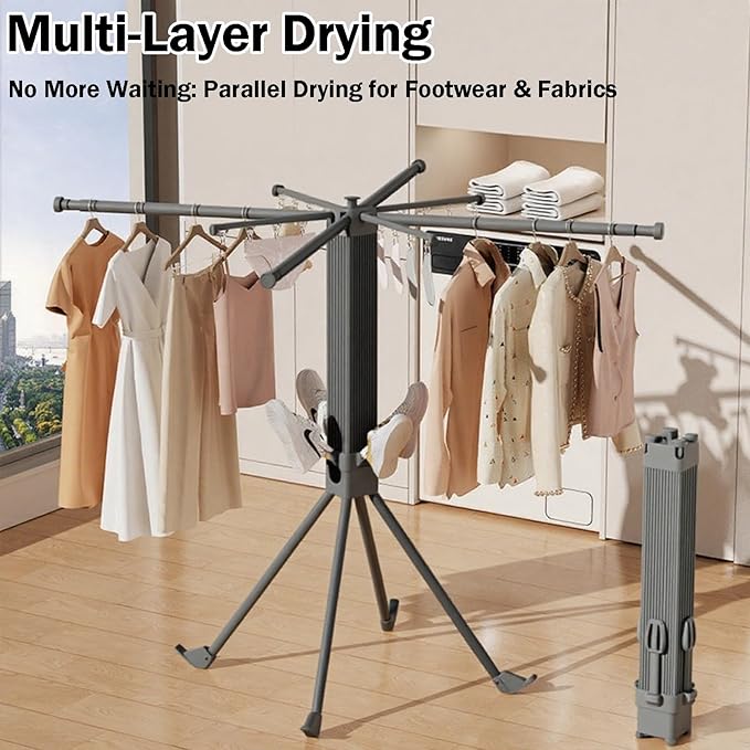 Upgrade 4-Legged Clothes Drying Rack with 4 Telescopic Rods and 4 Shoe Rods, Collapsible Drying Racks for Indoor Outdoor Use, Space-Saving Laundry Drying Rack (Black)