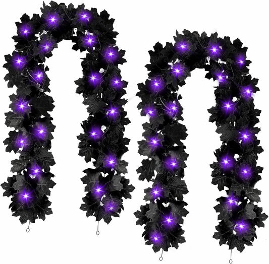 Joyhalo 2 Pack Halloween Garland with Lights, Black Maple Leaves Lighted Garland for Mantle, 5.7FT Light Up Leaf Autumn Vines Outdoor for Door Frame, Fireplace and Thanksgiving Fall Decor