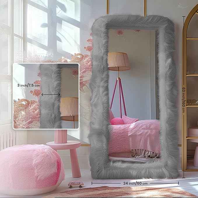 Full Length Mirror Free Standing Furry Faux Fur Framed Full Body Floor Mirror Wall Mounted Leaning Hanging Wall for Bedroom Hallway Entrance, 63"x24", Gray