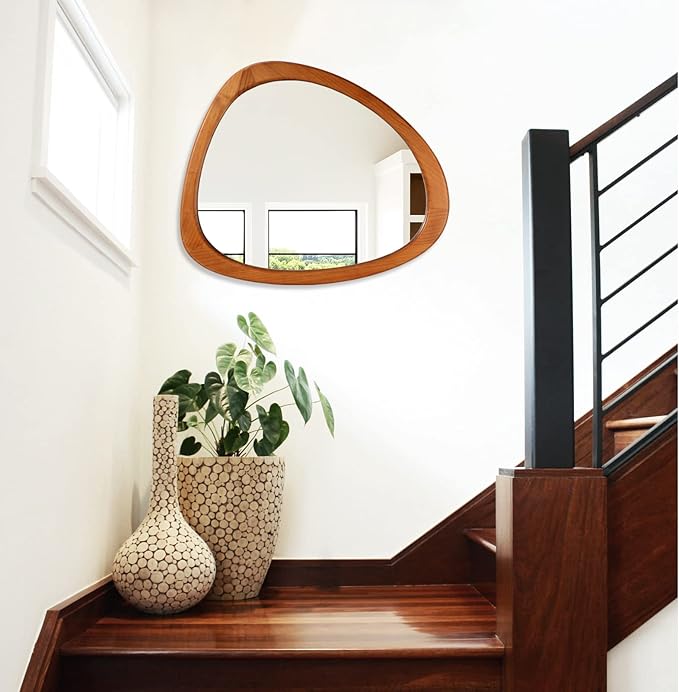 WallBeyond Asymmetrical Mirror, Irregular Wall Mirror for Bathroom, Bedroom, Living Room, Entryway, Hall - Walnut Wood Framed 23" H x 19" W