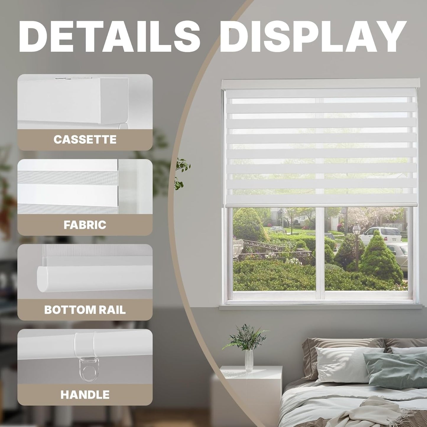 HESTIA Cordless Zebra Blinds Light Filtering Roller Shades Blackout Indoor Window Blind for Home Office,White,27" W x 60" H