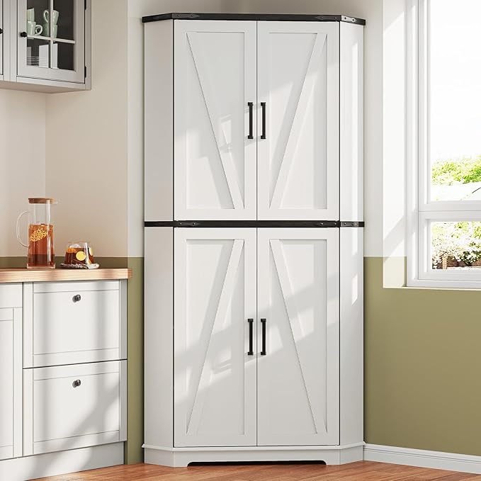 Dripex 71" Corner Cabinet White, Farmhouse Kitchen Pantry Cabinet with Doors Storage & Adjustable Shelves, Tall Corner Storage Cabinet with LED Light, Food Pantry for Living Room, Dining Room