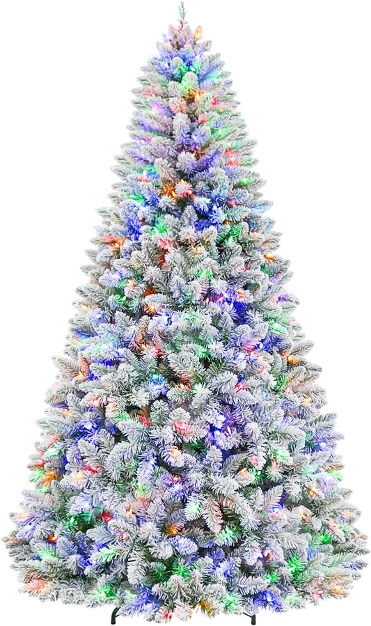 Hykolity 6 ft Prelit Christmas Tree with 250 Color-Changing LED Lights, Snow Flocked Artificial Christmas Tree with 1032 Tips, Metal Stand and Hinged Branches, 10 Colors