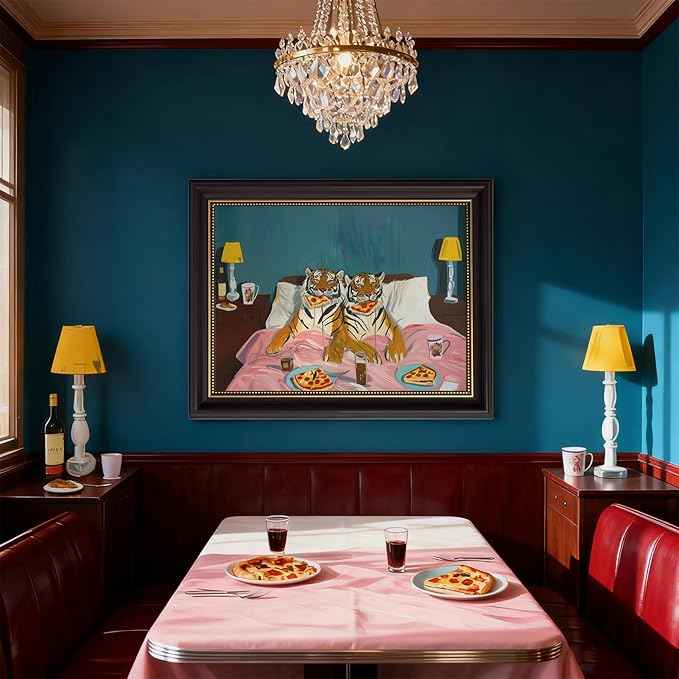 LSXARTQQ Framed Funny Tiger Pizza Wall Art Dark Brown Frame Bedroom Picture Print Vintage Fun Tigers Couple Canvas Wall Decor Maximalist Blue Pink Eclectic Jungle Animal Paintings(12x16inch)