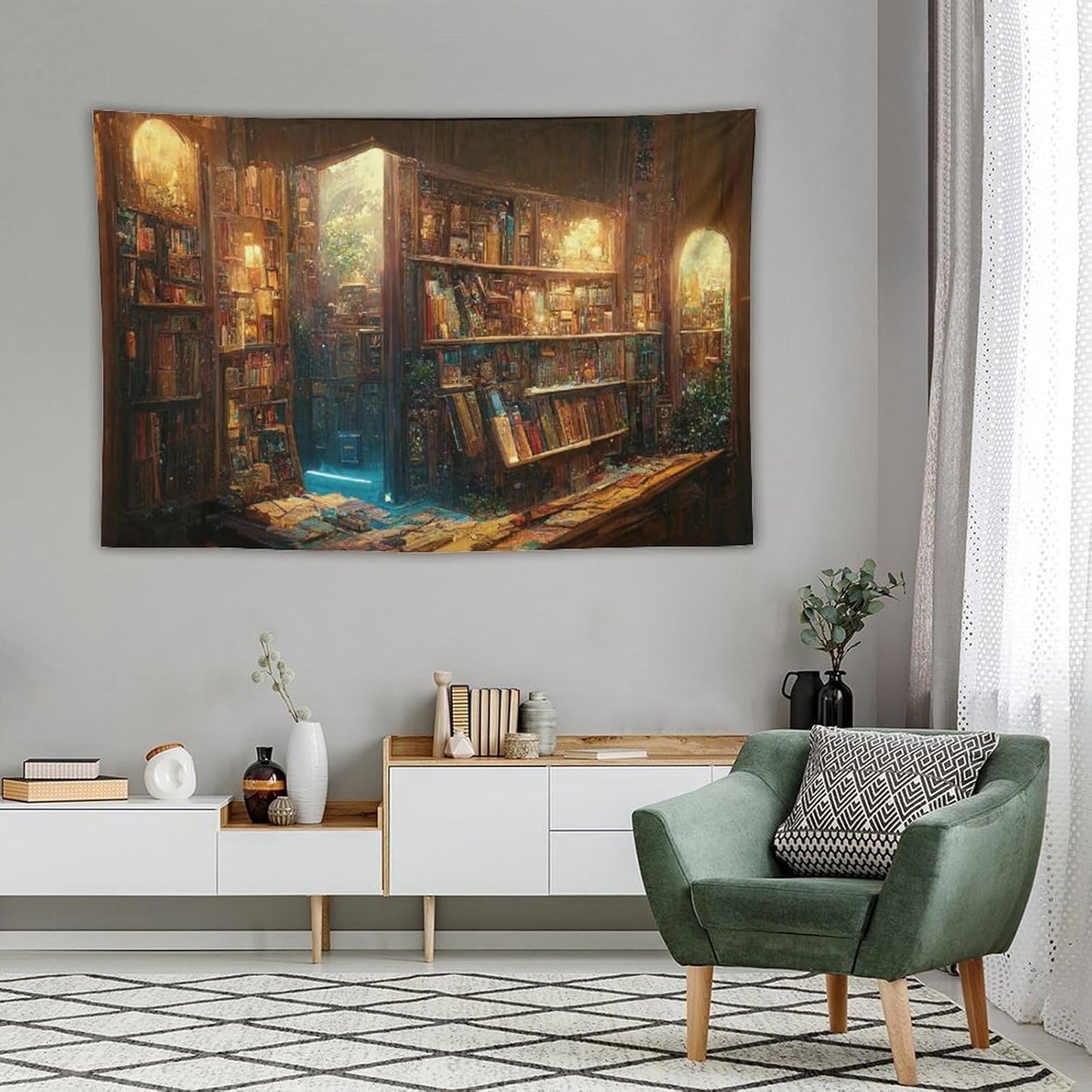 Kurtect Bookshelf Tapestry,Vintage Style Library Watercolor Art Theme Pattern Print Tapestries for Party Beach Picnic Blankets Tablecloths Living Room Wall Deocr, 40x60 in