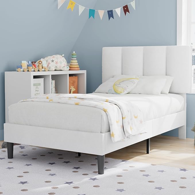 VECELO Twin Bed Frame with Upholstered Headboard, Heavy-Duty Platform Bedframe with Strong Wooden Slats Support, No Boxing Spring Needed, Pure White