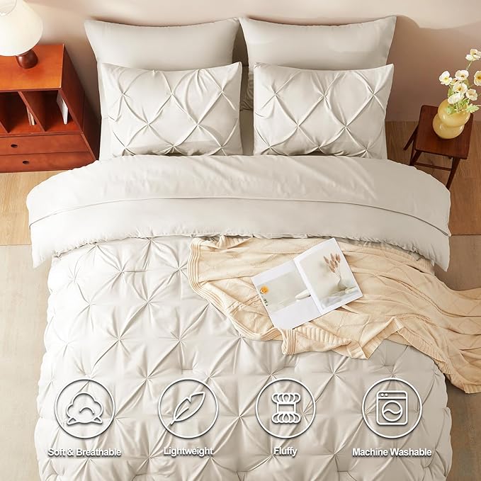 CozyLux Full Size Comforter Sets Oatmeal, 7 Pieces Pintuck Bed in A Bag Oatmeal Comforter Full Size, Pinch Pleat Bedding Sets with All Season Comforter, Sheets, Pillowcases & Shams