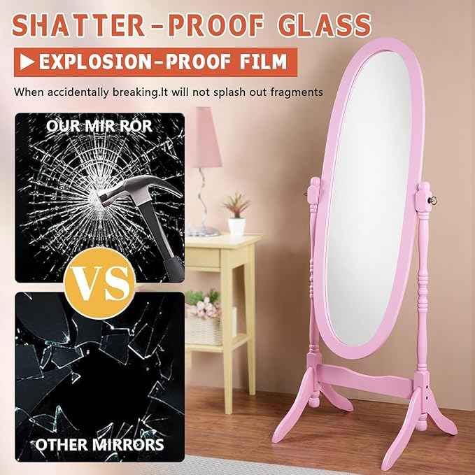 Full Length Mirror with Stand, Swivel Adjustable Oval Wood Cheval Floor Mirror, Dressing Cheval Mirror for Bedroom Livingroom, Interior Gift Idea (Pink)